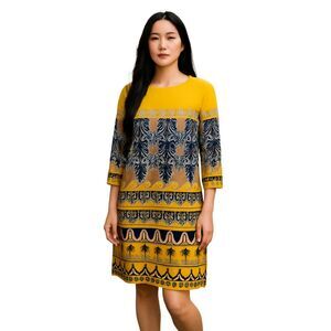 J.Crew Jules Size 4 Scroll Print Dress Gold* Navy Taupe White Lined 3/4 Sleeve